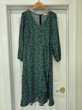 LOFT Green Floral Wrap Midi Dress